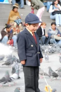 en sød lille fyr, med en traktor i snor på Plaza Murillo