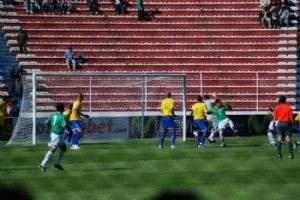 Og så er der mål efter 18 minutter! (bolden er mellem de to brasser)